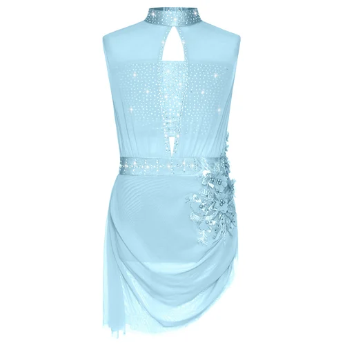 Vestido de baile de Ballet y gimnasia para niñas, vestido sin mangas de malla transparente con diamantes de imitación brillantes, tutú para patinaje artístico, actuación de baile