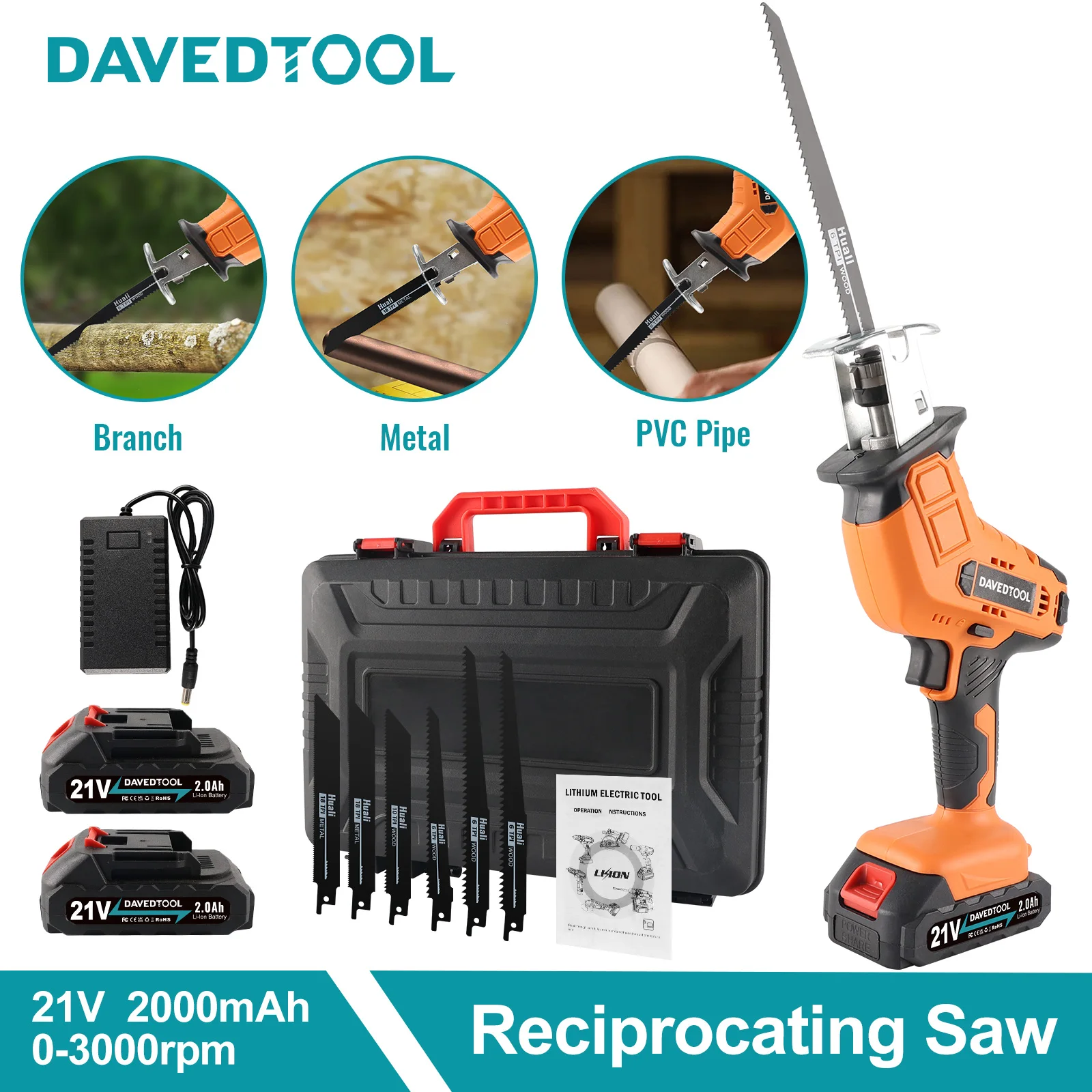 Davedtool 21V Cordless Reciprocating Saw Variable Speed, Electric Cutting Saw for Wood & Metal,2 Batteries & 6 Blades Set