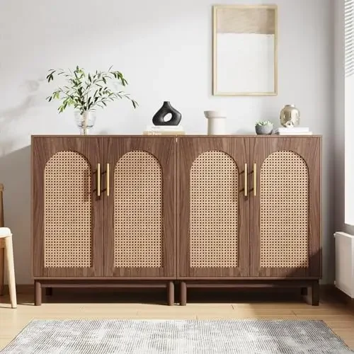 Set of 2 Rattan Sideboard Buffet Cabinet with Storage, 59 Inch Accent Cabinet for Dining Room, Living Room, Kitchen