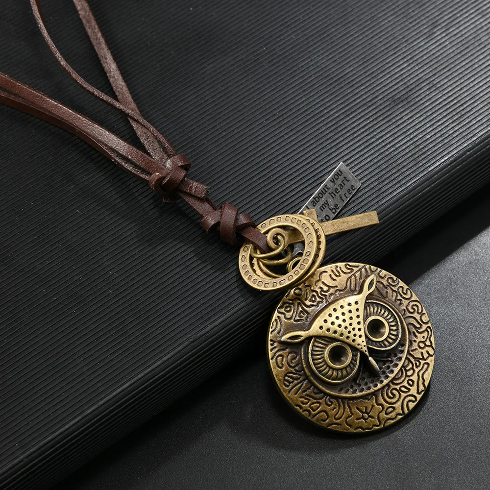 European and American cross-border new fashion cowhide necklace retro alloy owl jewelry adjustable men's pendant necklace