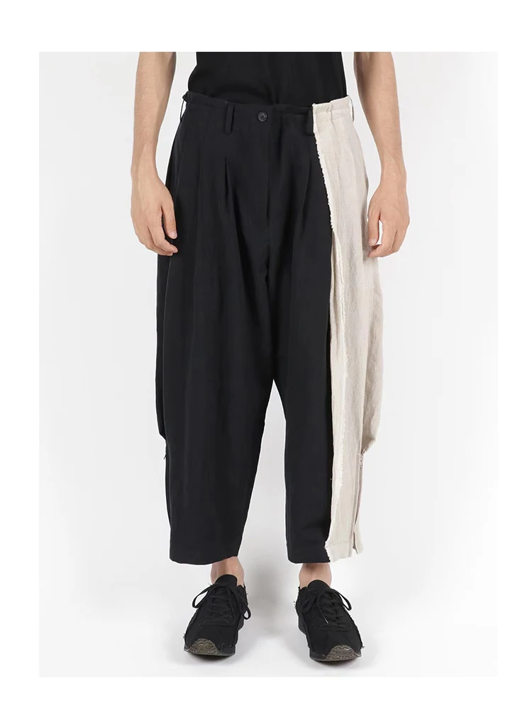 Linen Two Color Elastic Waist Pants Yamamoto-Style Pants Homme Pants Trousers Casual Pant Wide Leg Pants Owens Men‘S Pants