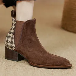 Damskie naturalny zamsz skórzane 4.5cm grube med heel okrągłe toe elastyczny pokrowiec na jesień chelsea boots casual kobieta krótkie botki