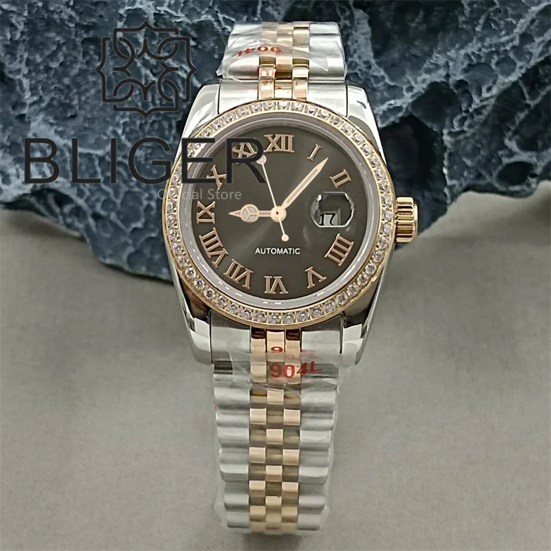 BLIGER 31mm Luxury Decorated Diamond Lady Watch NH05 Two Tone Rose Gold Case Sapphire Glass Sunburst PurpleGray Dial Roman Index