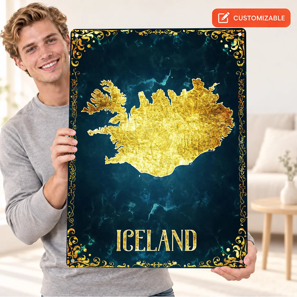 Iceland Map Textured Metal Poster Customized Aluminum Sign Gold Cartography Wall Art For Reading Room Geography Enthusiast Gift