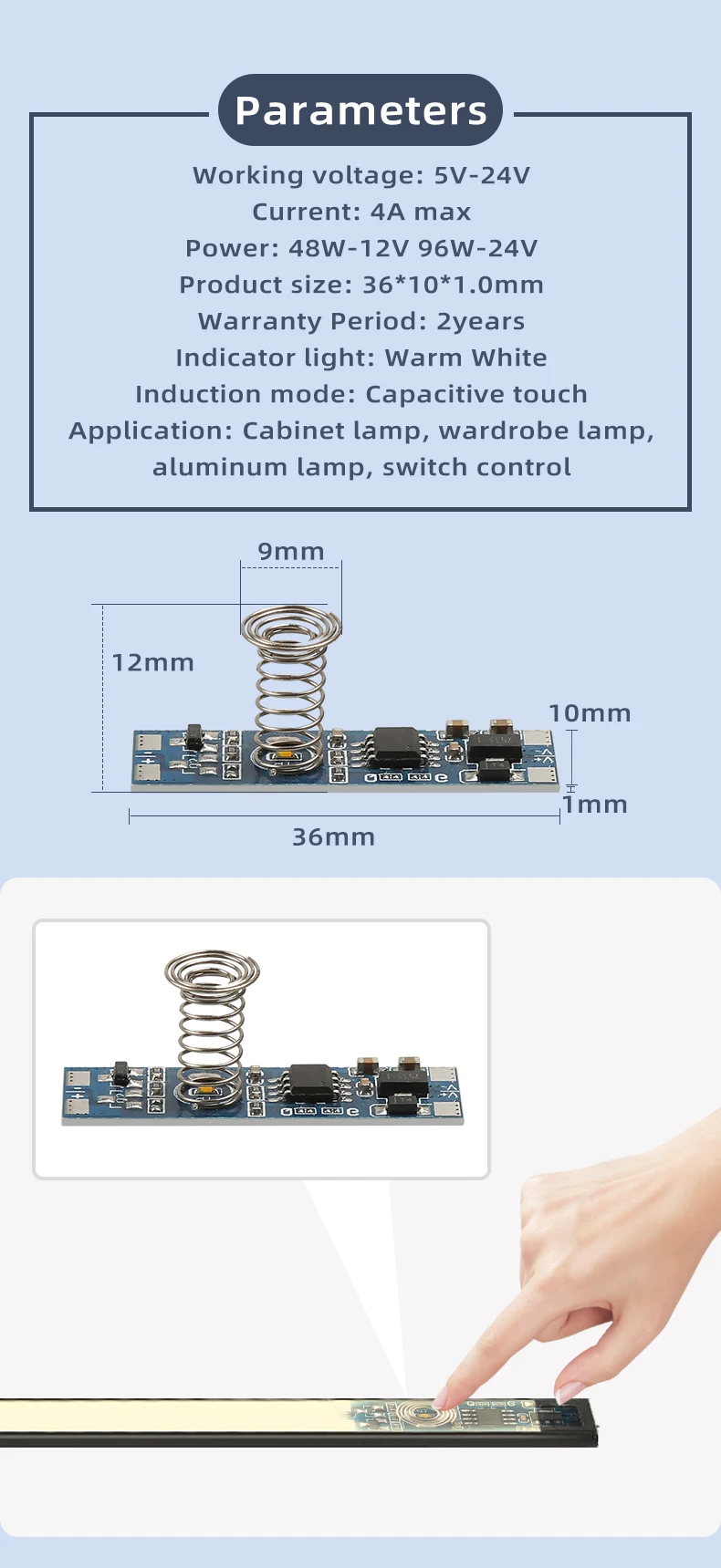 Berührungsschalter DC 12V 24V, einstellbarer Helligkeitsregler, geeignet für LED-Lichtleisten in Heimschränken. – Detail 4