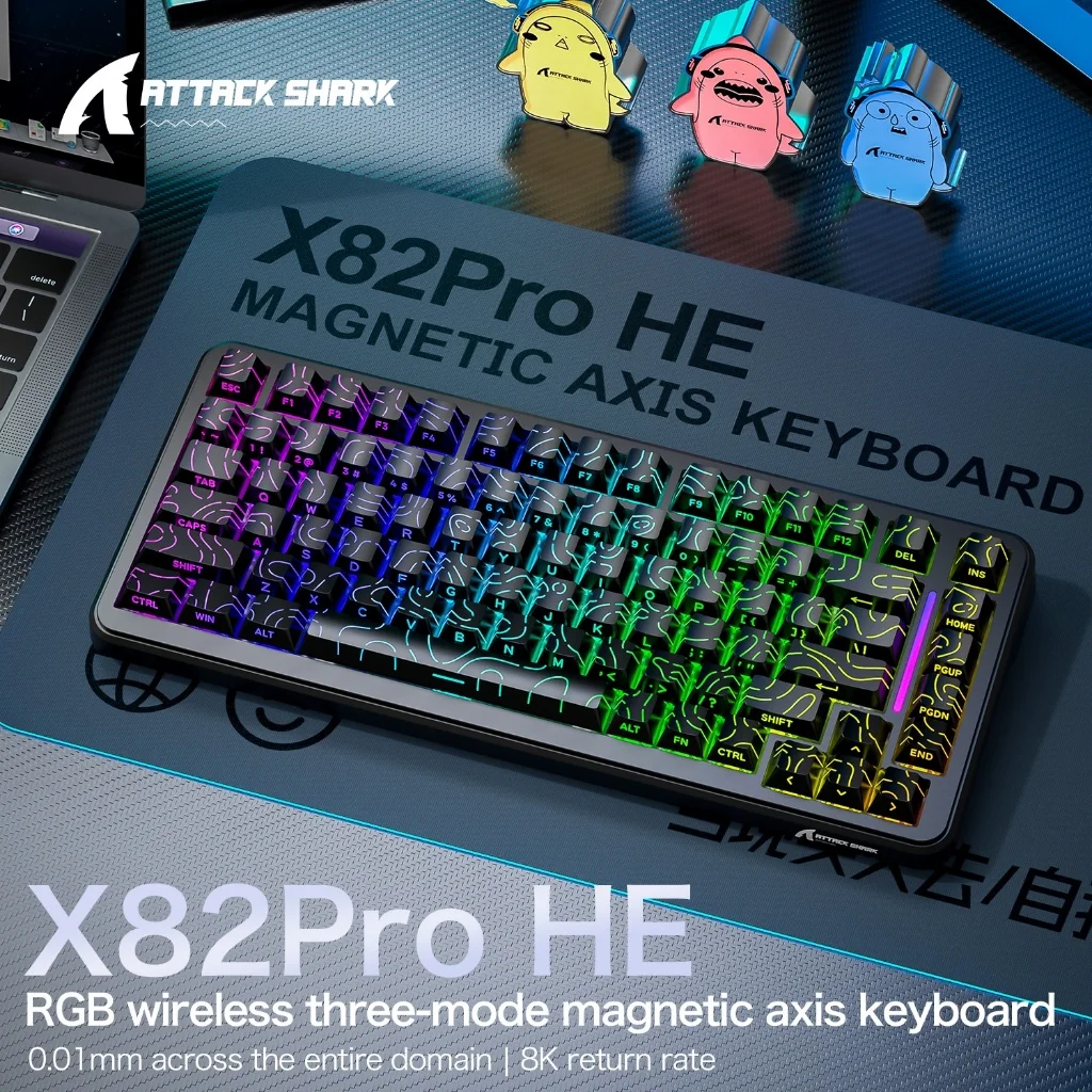 어택 샤크 X82Pro HE 무선 마그네틱 축 게이밍 키보드 8KHz 속도 0.01mm RT 정밀도 5000mAh 트라이 모드 RGB 82키 PBT