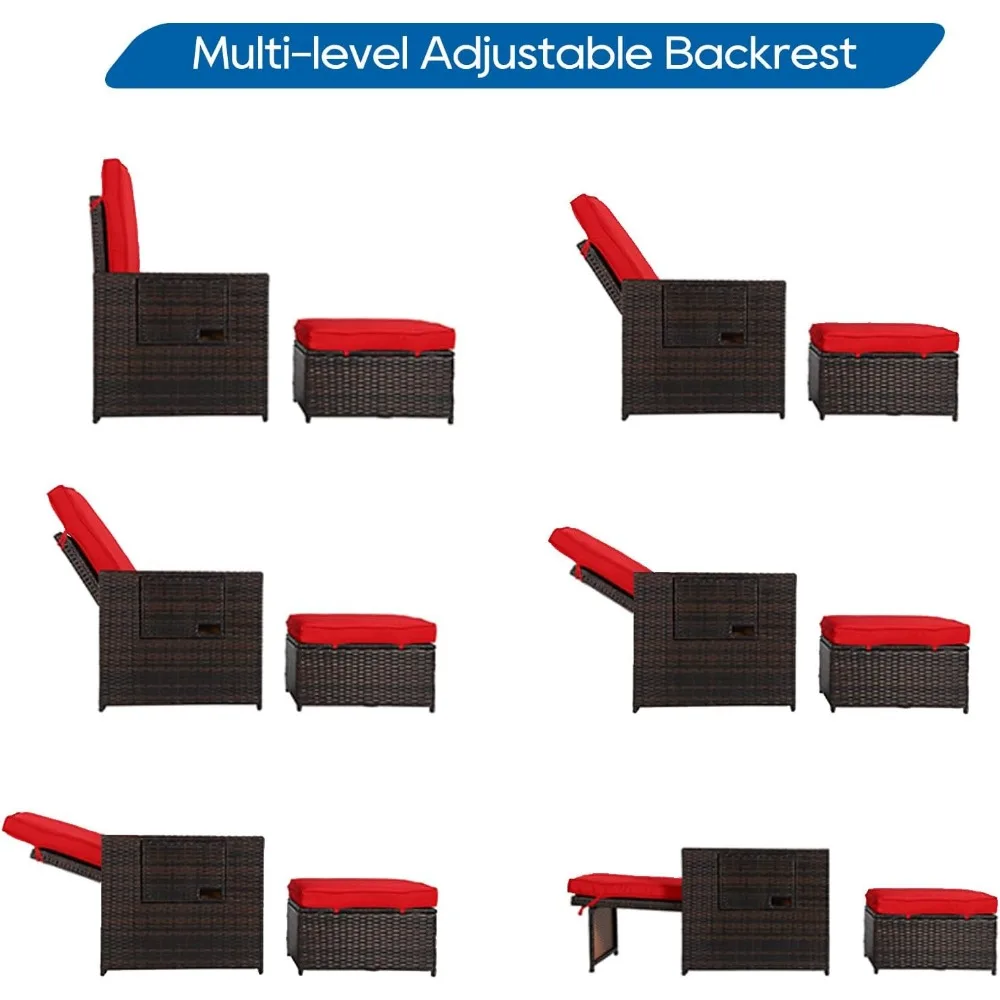 5PCS Outdoor Wicker Chaise Lounge Chair - Rattan Adjustable Reclining Patio Lounge Chair with Ottoman and Coffee Table,