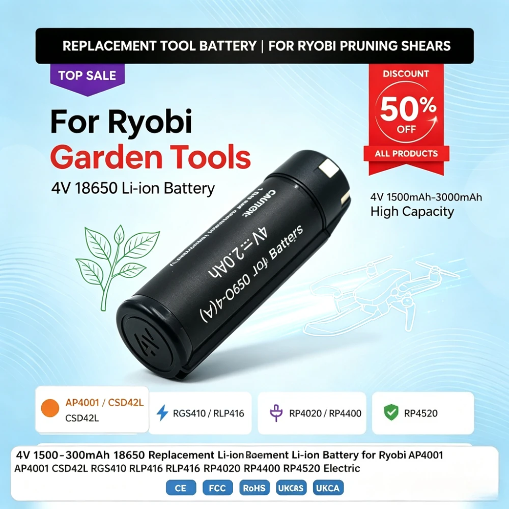 4V 1500-3000mAh 18650 Replacement Li-ion Battery for Ryobi AP4001 CSD42L RGS410 RLP416 RP4020 RP4400 Electric Pruning Shears