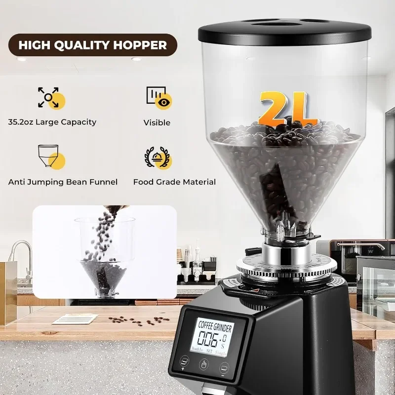 Electric Coffee Grinder Flat Burr Grinder Coffee 19 Settings & Digital Timer Display Commercial Espresso Coffee Grinders