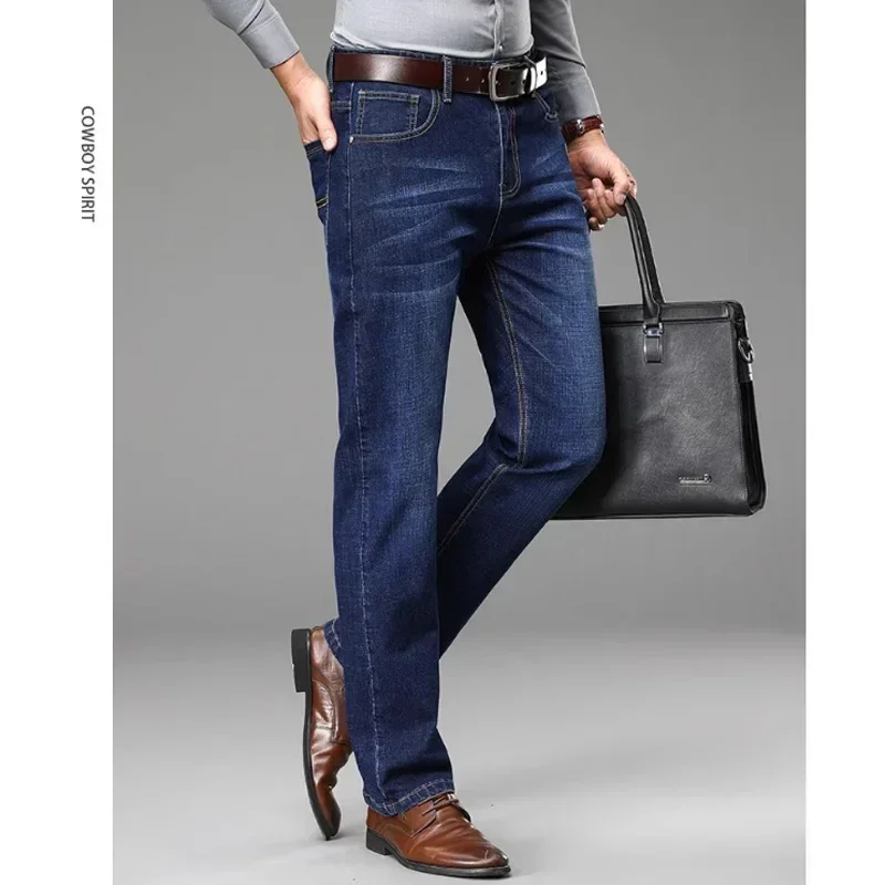2025 New Classic Men's Fitted Stretch Jeans Business Casual Denim Straight Leg Pants Male Black Blue Trousers Size 28-40