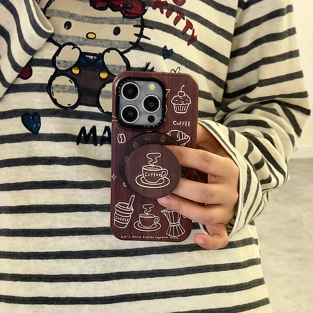 الرجعية خطوط بنية القهوة الكرواسون نمط خشبي مع حامل المغناطيسي غطاء الهاتف القضية آيفون 17 16 15 14 برو ماكس #4