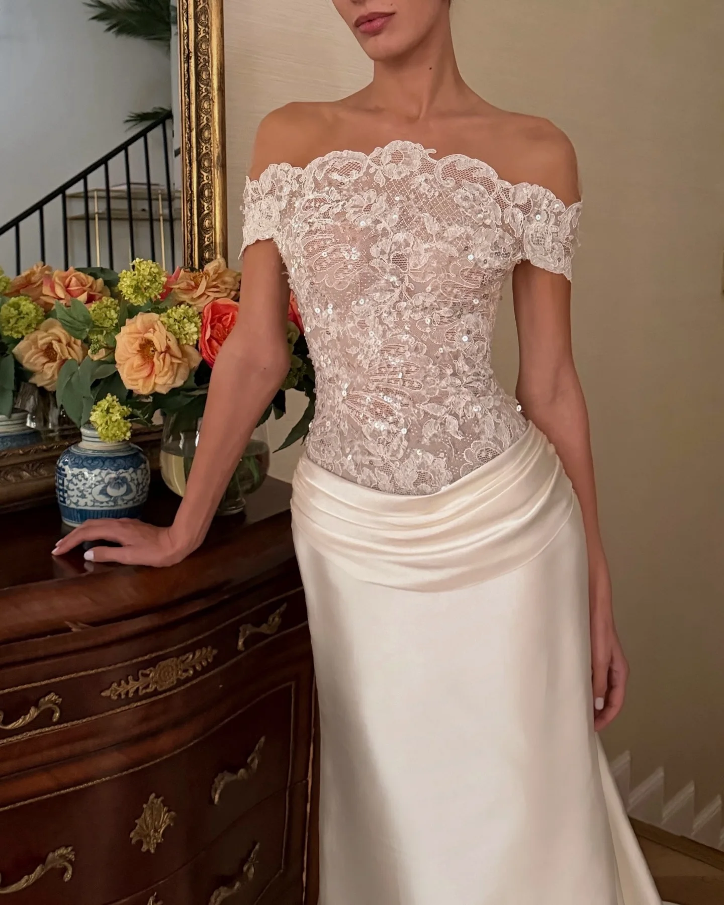 Sharon Said Luxury Mermaid Wedding Dress Beaded Lace Off Shoulder Satin Overskirt Illusion Back Bridal Gowns SW231 Customized