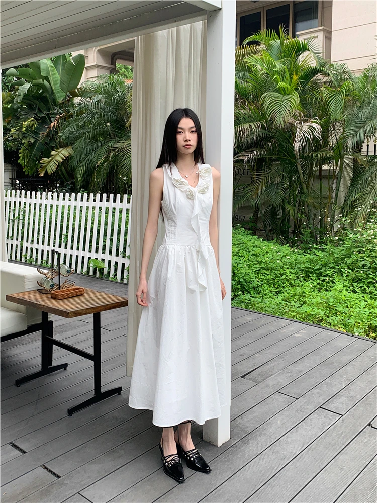 CHEERART Designer White Sleeveless Long Dresses Summer 2024 Woman Ruffles V Neck A Line Midi Dress Women Clothing