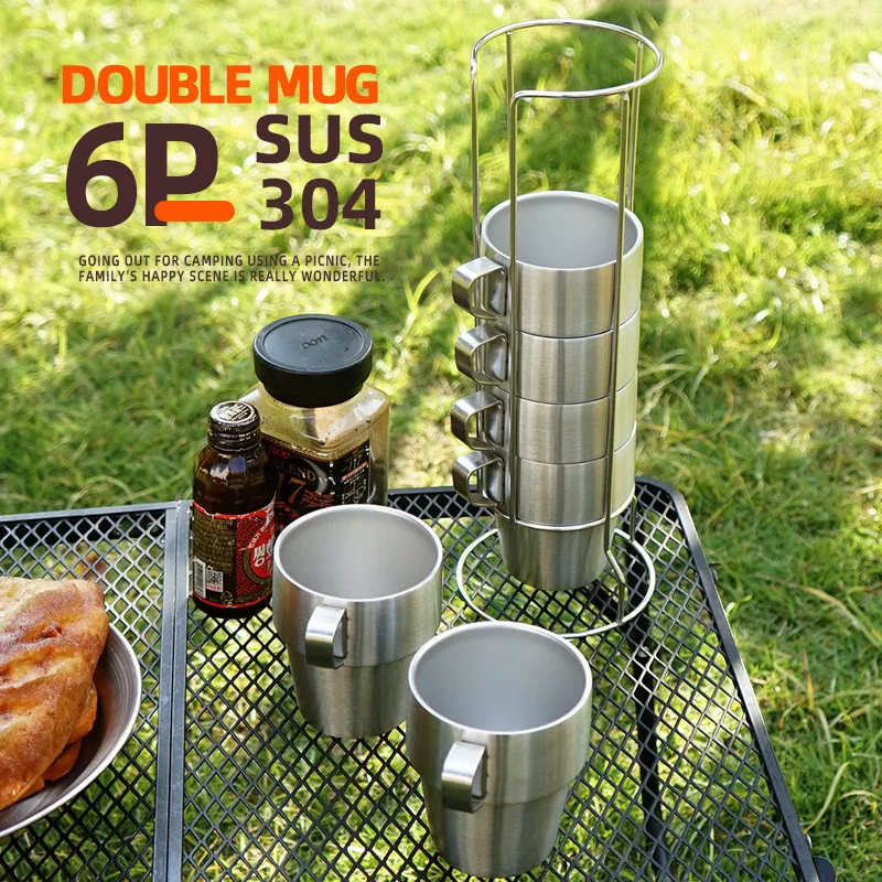 Outdoor Stainless Steel Double-Layer Mug, Picnic Insulated Coffee Cup, Beer Cup , 4  Pcs 6 Pcs Water Cup