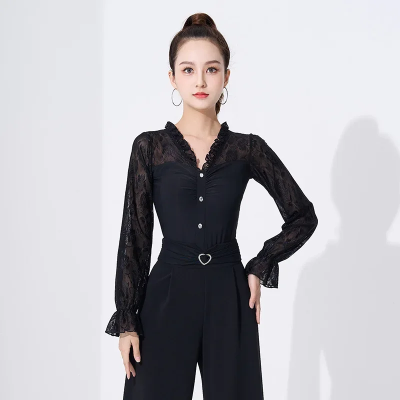 Mesh Patchwork Latin Dance Practice Suit Ballroom Belly Costume Long Sleeve Top Women Waltz Classical Line New Rhinestones Shirt