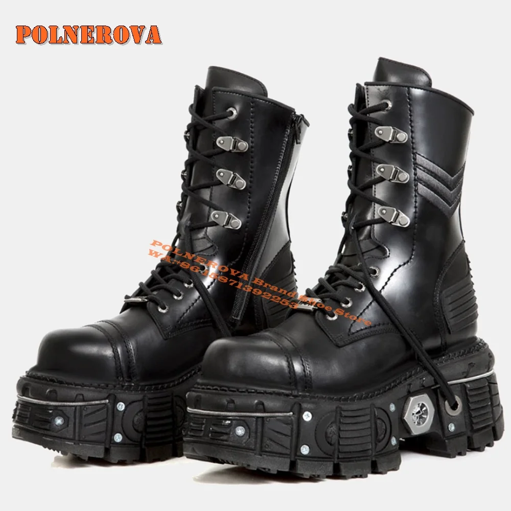 

Metal Thick-Soled Heightening Couple Ankle Boots Lace Up Dark Punk Leather Round Toe Goth Motorcycle Boots Size 45 2024 Newest