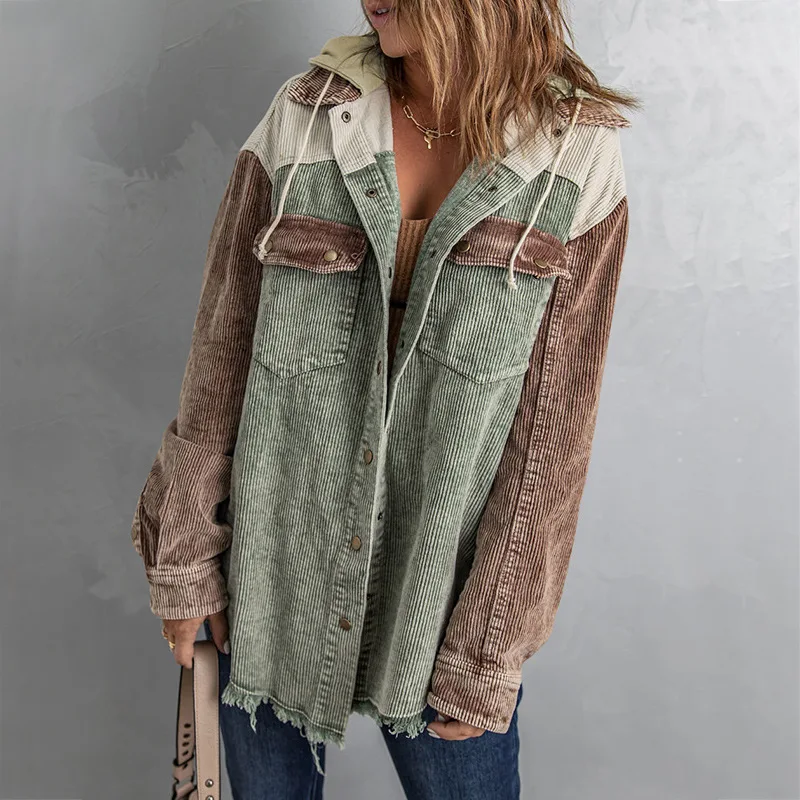 

Vintage Hooded Jacket Women Corduroy Patchwork Fashion Distressed Long Sleeve Coats with Pockets Button Down Loose Outerwear