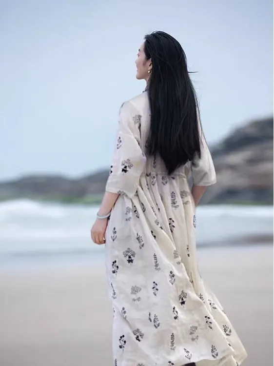 Jupe mi-longue trapèze en coton et lin pour femmes, ample, motif Floral, saison de printemps, tissu imprimé Ne rond, moyen Thi Seven Sve