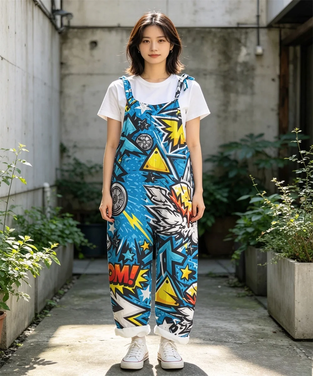 2026 Women's New Blue Bottom American Street Graffiti Printed Comfortable jumpsuit, Off Shoulder Sleeveless Loose jumpsuit