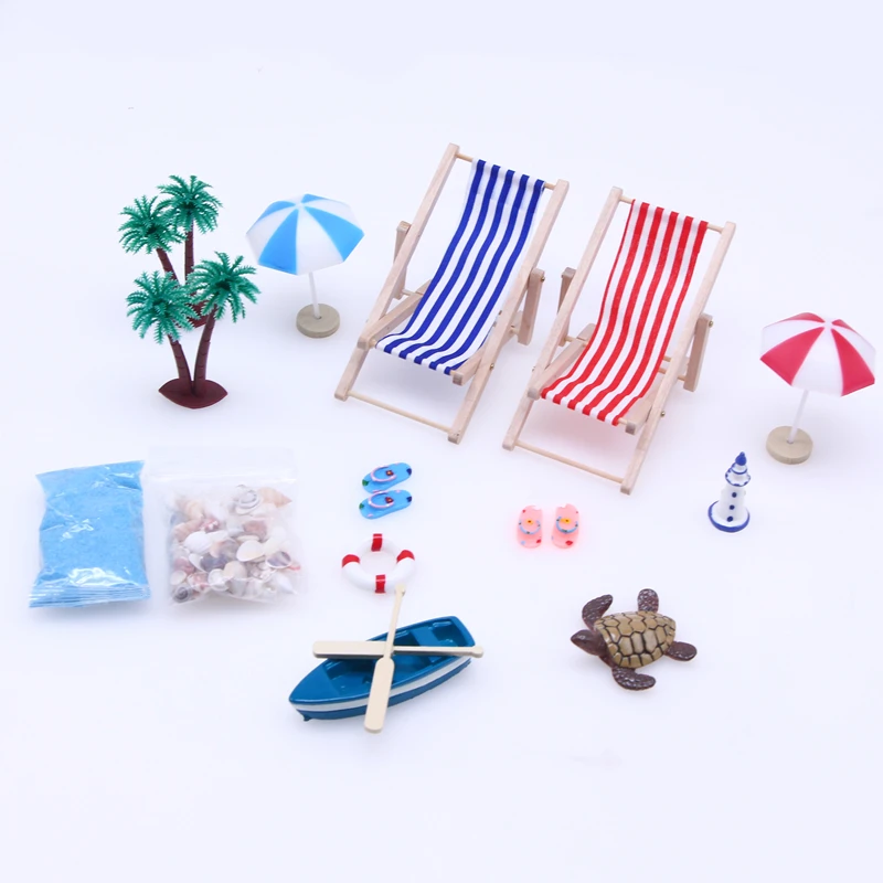 

Dollhouse Miniature Items Beach Suit Micro Landscape Summer Seashell Sun Umbrella Wooden Beach Chair