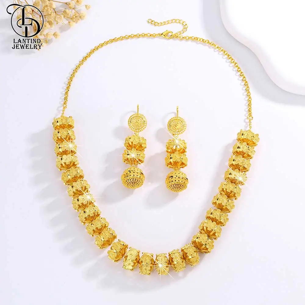 As00034 Dubai 24K Gold-Plated Flower Thick Necklace Middle Eastern Luxury Women's Petal Earrings Jewelry Two-Piece Set