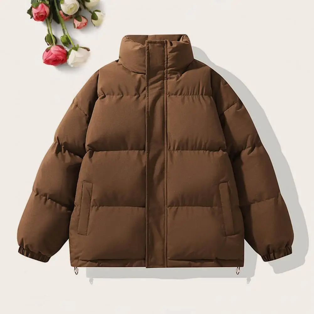 Soft Fabric Coat Men's Quilted Cotton Coat with Stand Collar Drawstring Hem Stylish Zipper Placket Outwear for Winter Thickened