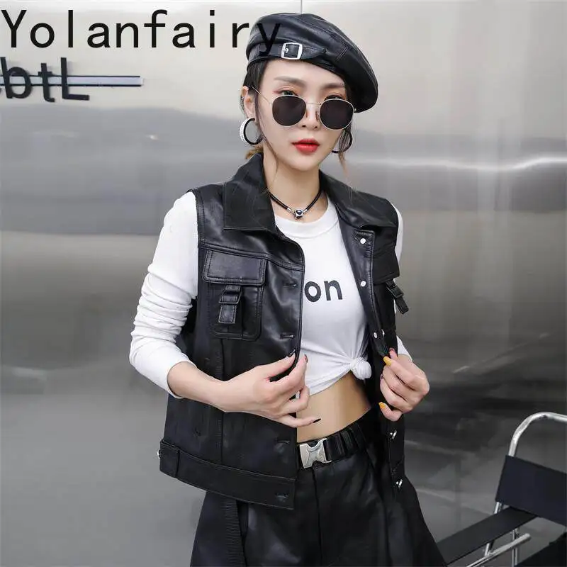 YOLANFAIRY Genuine Sheepskin Leather Vest for Woman Fall Short Square Collar Slim Biker Jacket Sleeveless Real Leather Waistcoat