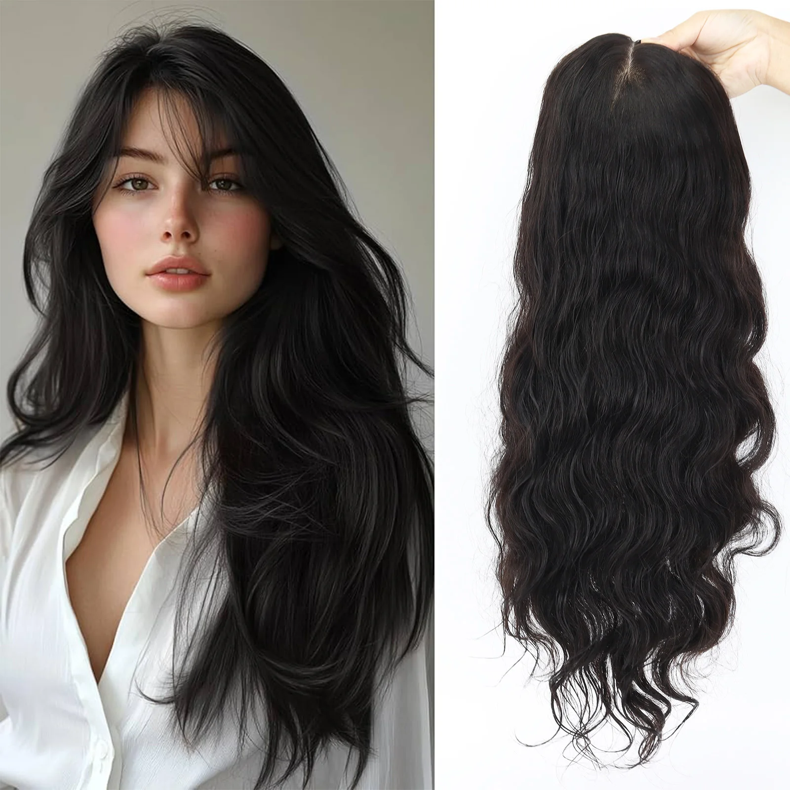 

24-дюймовые женские накладки для волос (топперы) из 100% натуральных человеческих волос, плотность 150%, 15x16 см, на шелковой основе, черные. # Мягкий парик-накладка из натуральных волос Remy 1b с эффектом естественной волны