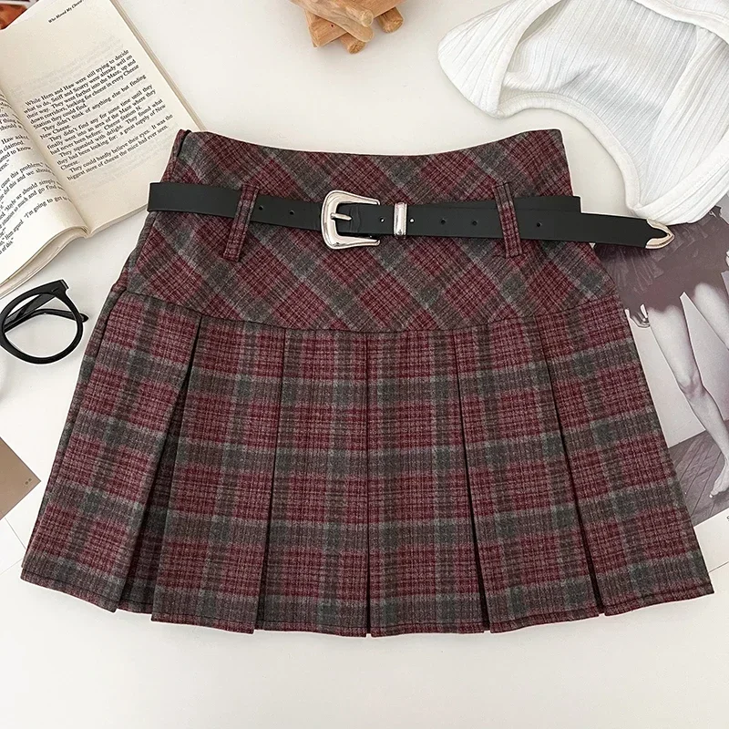 Outono inverno xadrez mini saia com shorts embutidos com cinto de lã grossa boxy plissado saia xadrez feminino adolescente-menina roupa formal