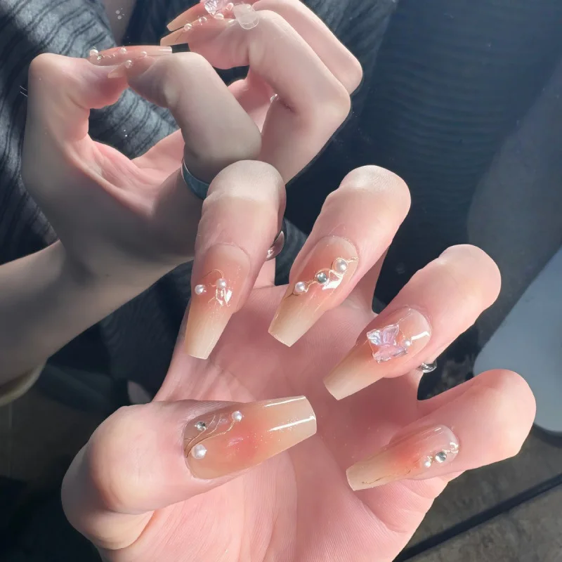New Pure Desire Cheek Blush Wearable Nail Art Ice Transparent Nude Pink Pearl Butterfly Whitening Long Gradient Triangle Nail St