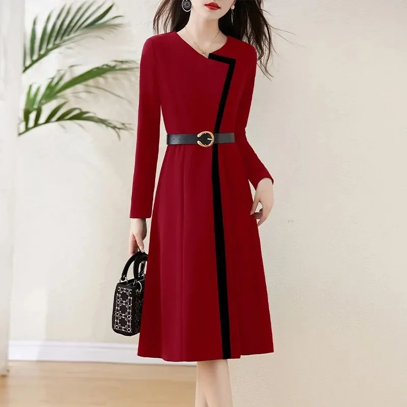 Long-Sleeved Stitching Dress 2024 Spring And Summer New High-Grade Waist Slimming Goddess Fan Joker Temperament A-line Dress