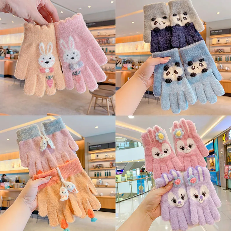 Winter New Baby Girls Sweet Soft Cartoon Knitted Yarn Keep Warm Gloves Children Lovely Five Finger Gloves Kids Fashion Gloves