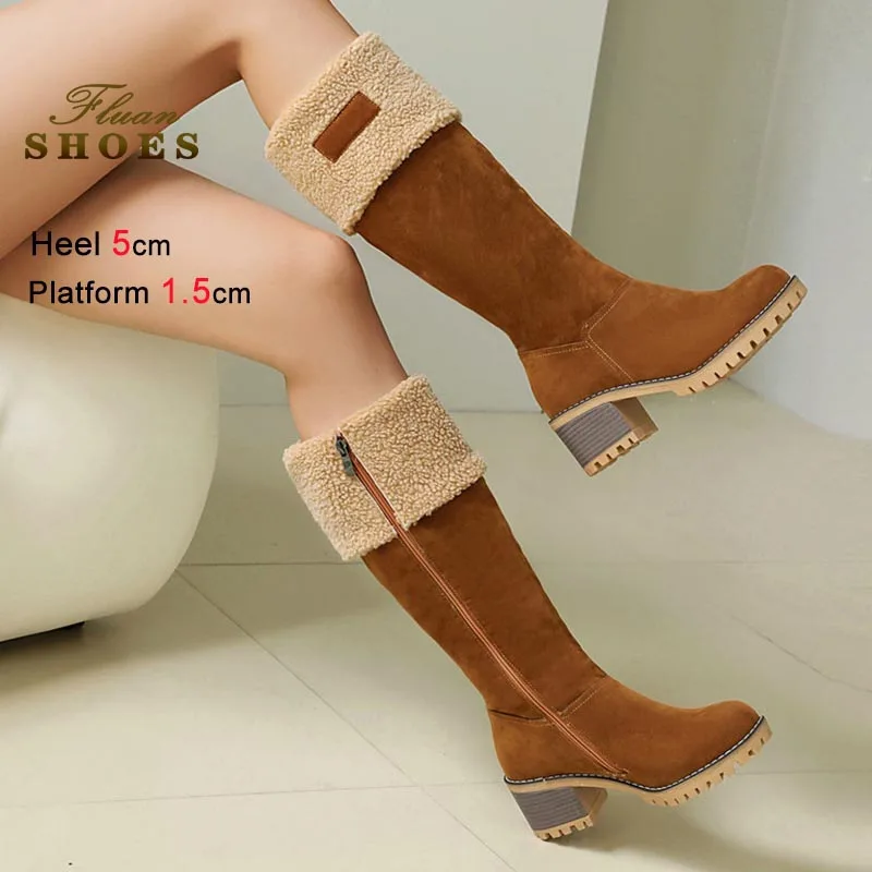 

Женские теплые зимние ботинки, замшевые сапоги до колена с круглым носком, боковая молния, длинные сапоги на грубом каблуке, теплая хлопковая обувь на толстой флисовой подкладке