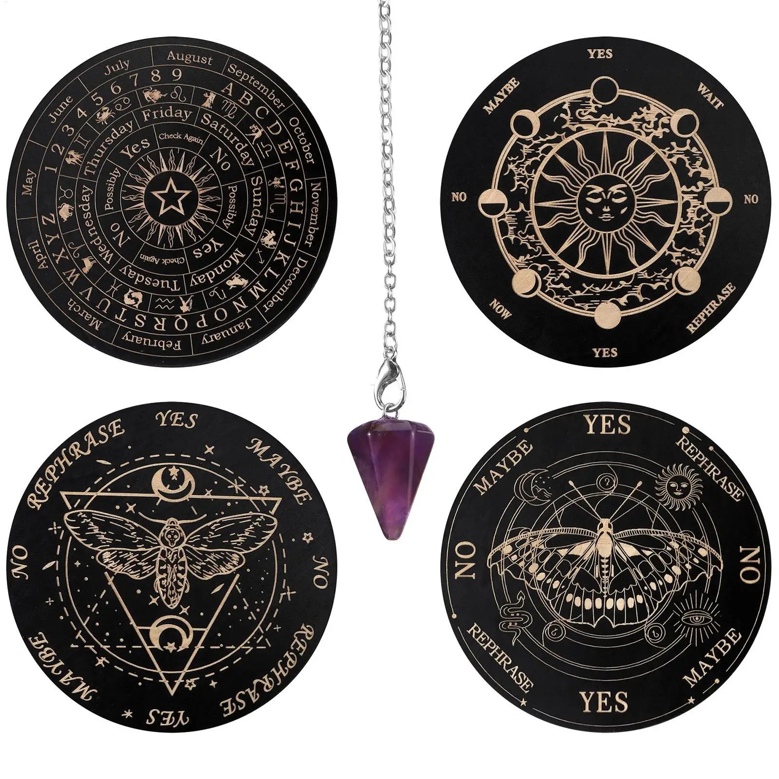 Weissagungsbrett, Wünschelbrett, metphysische Tafeln mit Buchstaben, Holzbotschaft, Planchette, Ouija, Brettspiel, Wahrsagerei, Wahrsagerei