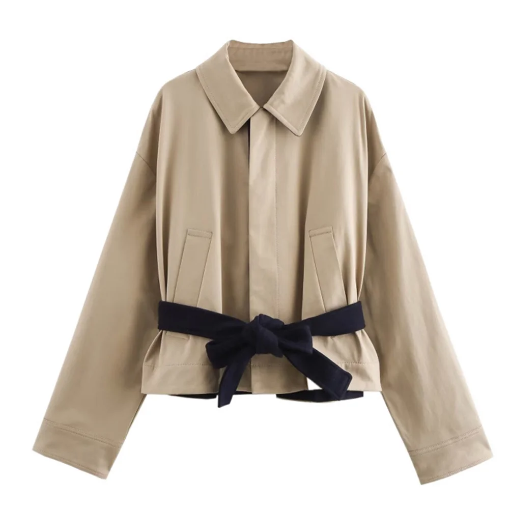 

Women's Versatile Lapel Single-Breasted Long-Sleeved Jacket Autumn New Fashion Belted Coat with Pocket Contrasting Color Design