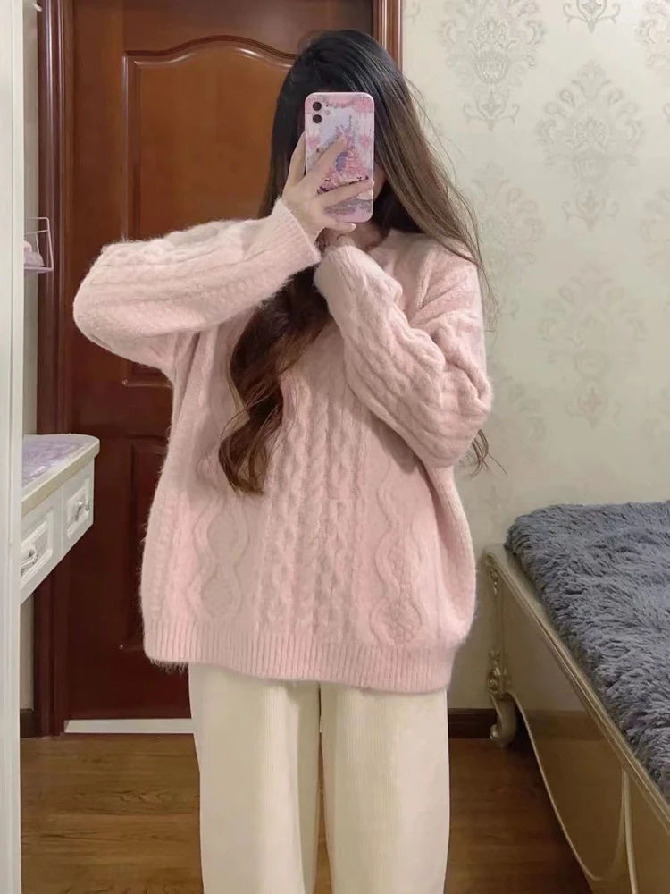 เสื้อสเวตเตอร์ถักไหมพรมสีชมพูอ่อนสำหรับผู้หญิง เสื้อคลุมฤดูใบไม้ร่วงฤดูหนาว สไตล์เกาหลีใหม่ ดีไซน์เก๋ไก๋ สวมใส่สบาย คุณภาพสูง