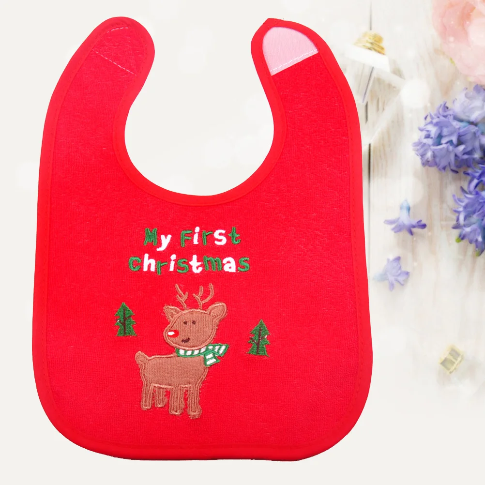 

Waterproof Baby Bibs Red Christmas Embroidery Adjustable Snap Closure Drool Proof Fabric Newborn Toddler Feeding Bibs