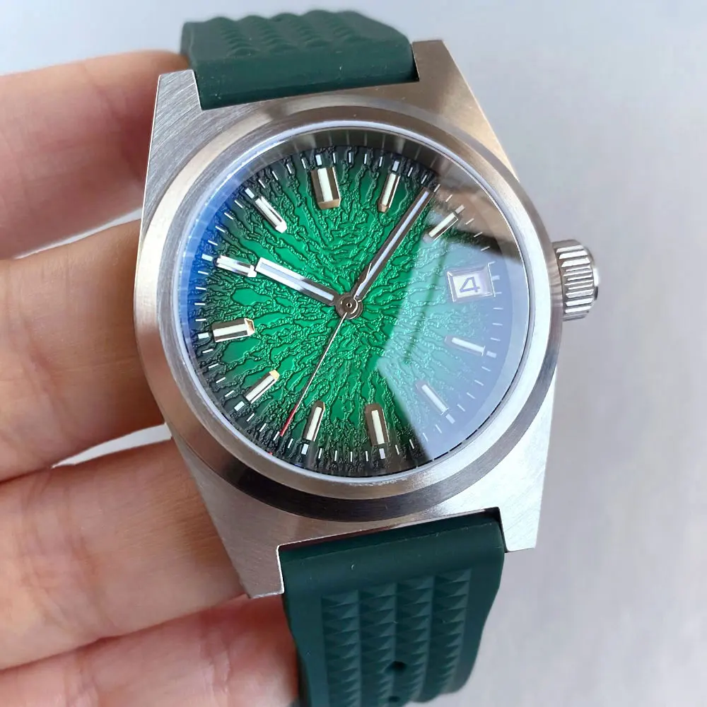 New 38mm Mechanical Watch Men Green Field 200m Waterproof Steel Wristwatch AR Domed Sapphire Crystal Rubber Strap Glass Back view 2