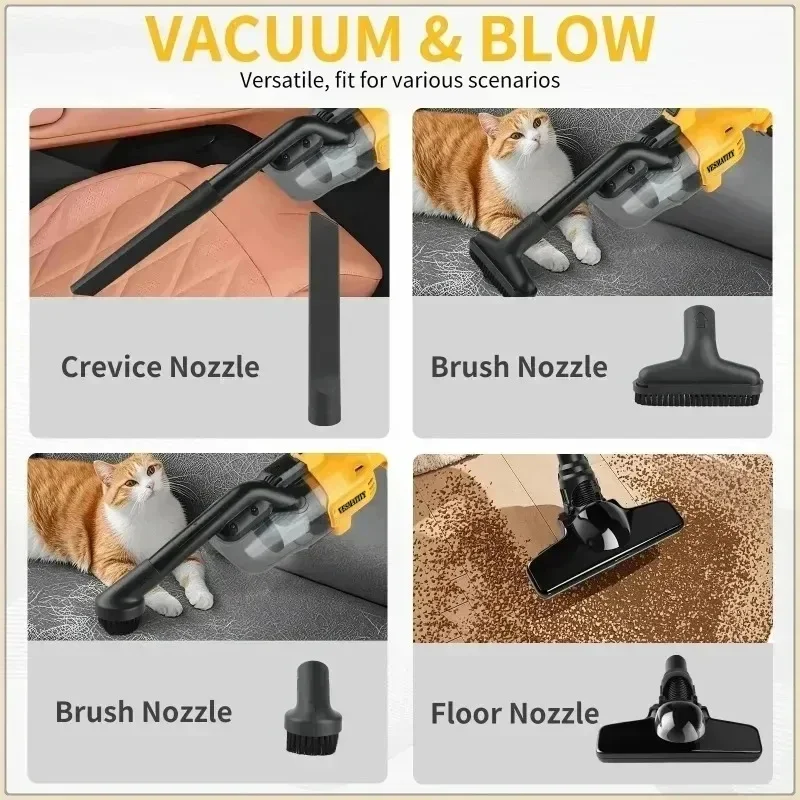 Cordless Handheld Vacuum Cleaner Car Vacuum for Interior Pet Hair Crevice Nozzle Washable HEPA Filter LED Dry Use Only