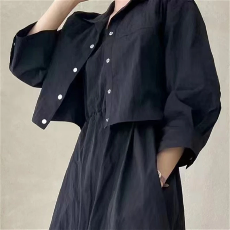 REALEFT Summer 2 Pieces Women\'s Dress Suits Turn-down Short Jacket and Solid Casual Tank Dress Sets Outfits 2024 New Spring