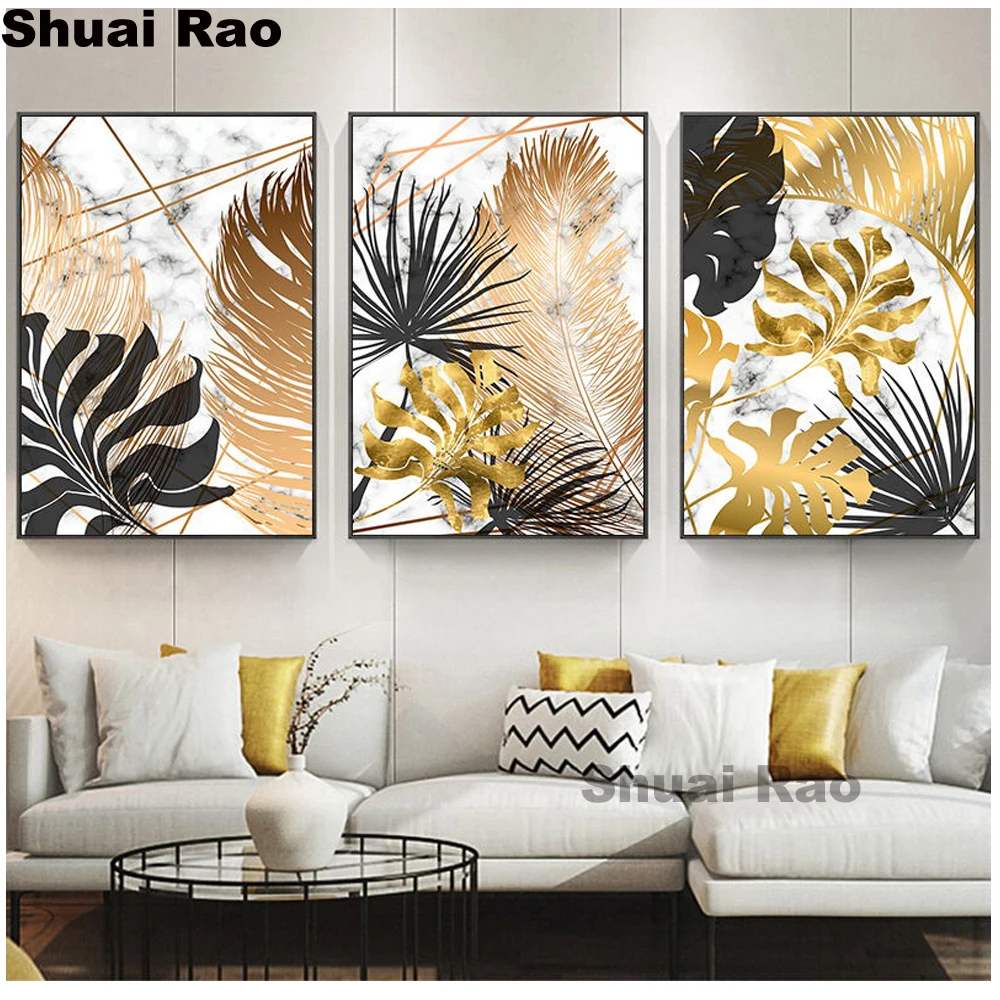 

Nordic Style Plant Golden Leaves diamond painting full square Triptych Painting Art Aisle Living Room Unique Modern home Decor