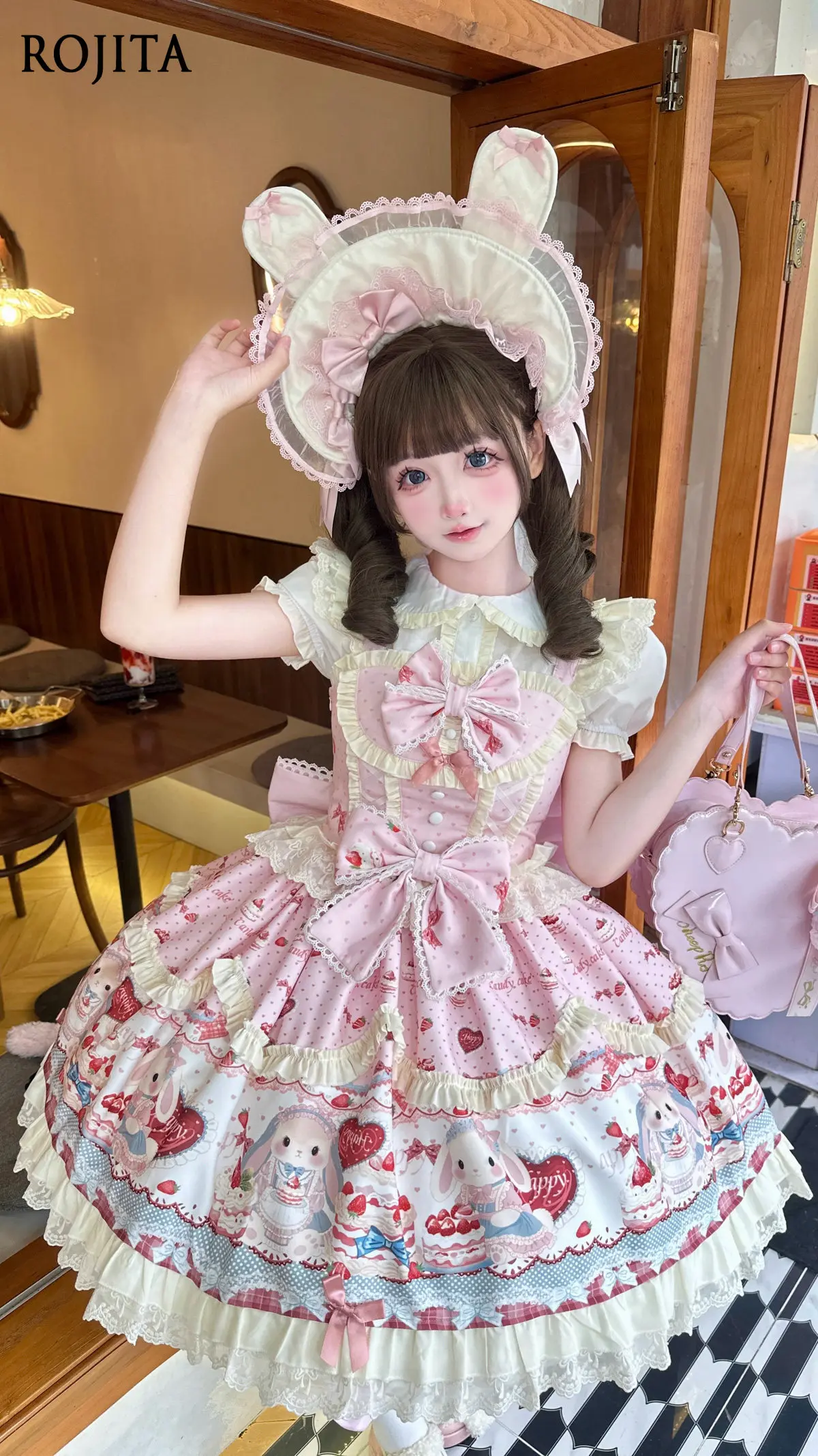 

Sweet Strawberry Bunny Lolita JSK Dress Pink Ruffle Bow Print Princess Dress with Matching Blouse Set Cute Rabbit Kawaii Dress