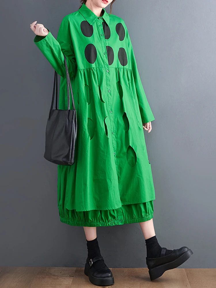 EAM Women Green Big Size Fake 2 Pcs Dot Hollow Out Shirt Dress New Lapel Long Sleeve Fashion Tide Spring Autumn 2025 31A0959