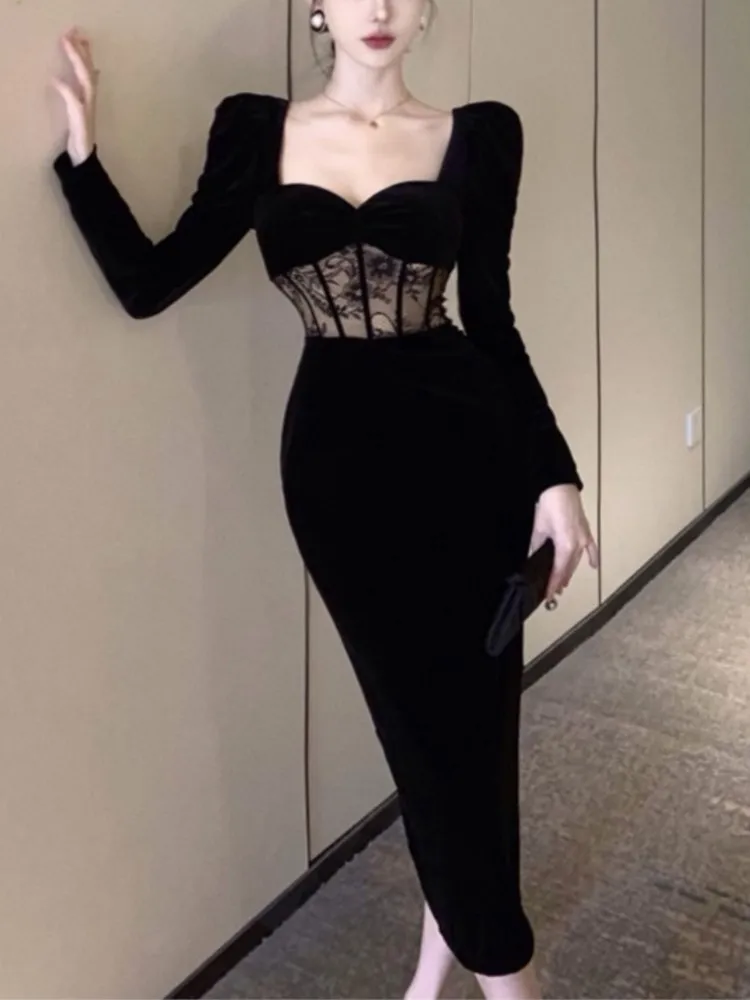 Sexy Bodycon Lace Long Sleeve Party Dress Women Vintage Square Collar Black Midi Dresses Fashion Autumn Elegant Vestidos Largos