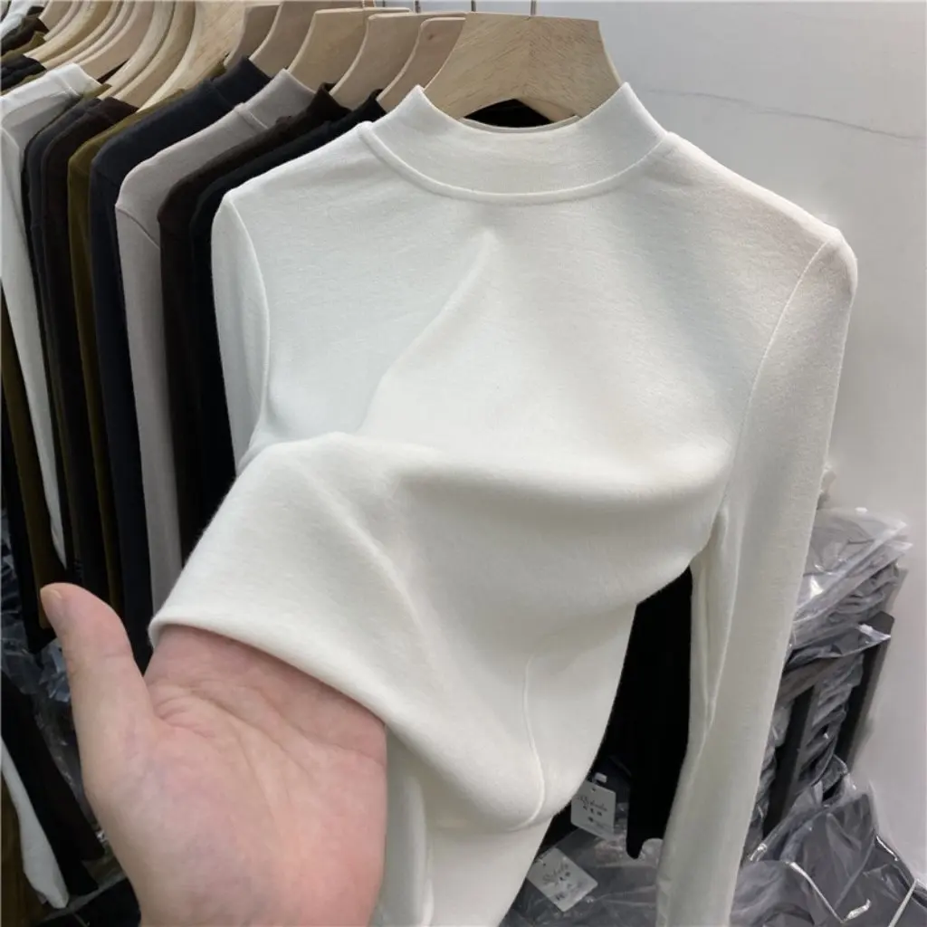 

Women's Brushed Fleece-Lined Stand-Up Collar Long-Sleeved Cotton T-Shirt Half Turtleneck Versatile Inner Top for Autumn Winter