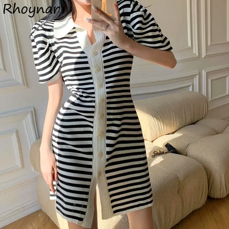 

Knitted Mini Dress Women Summer Office Lady Soft Striped Korean Style Leisure Temperament Buttons Designed Popular Classic Slit