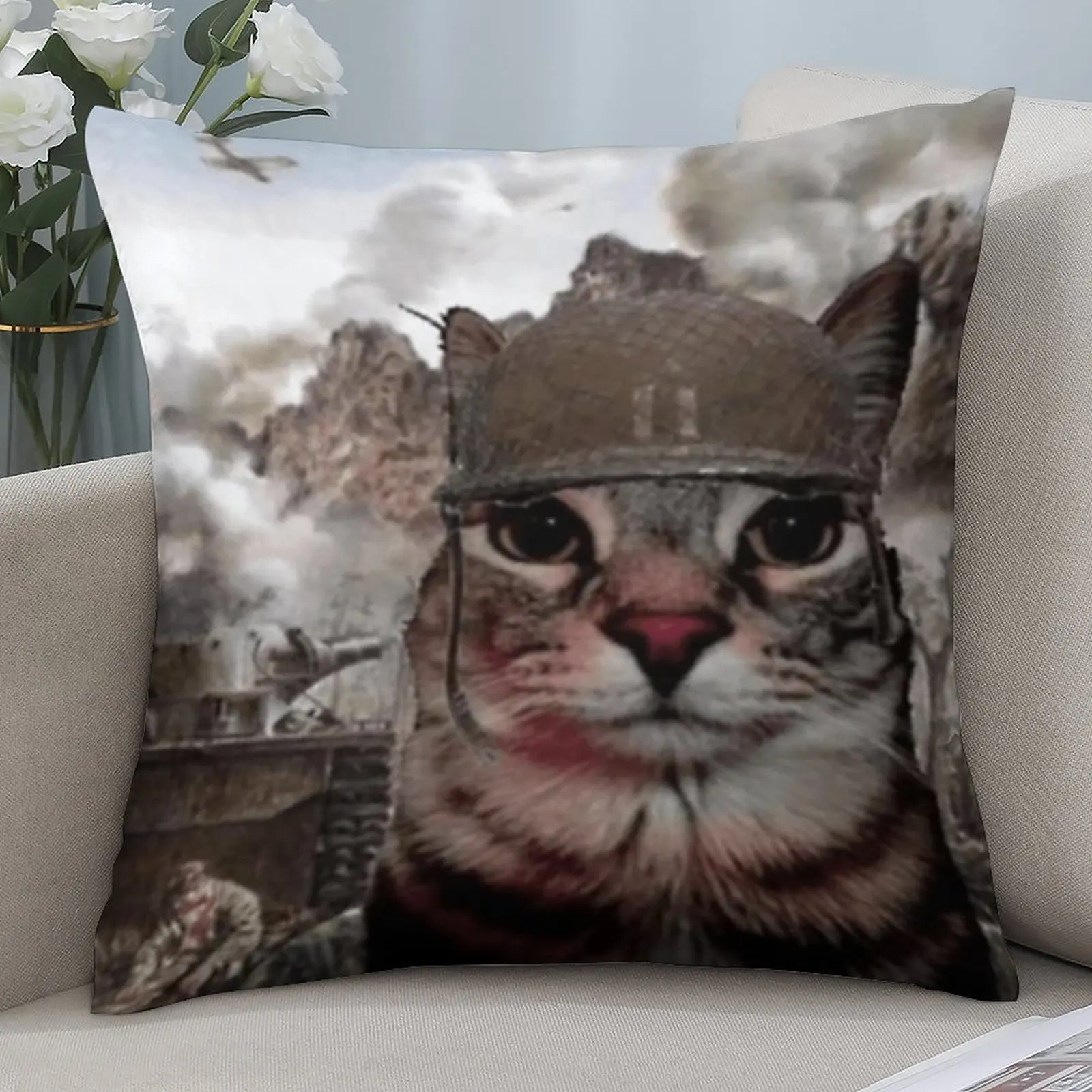 1pc Tough War Cat Meme Pillow Cover, 2D Double-Sided Print Polyester Pillowcase, Vintage WWII Battlefield Decor, Gag Gift for Fr