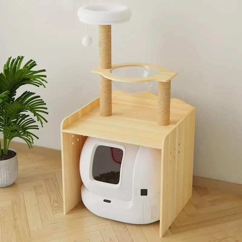 Multifunctional Solid Wood Pet Cabinet Cat Litter Box Enclosure Storage Rack Large Cat Tree Integrated Furniture