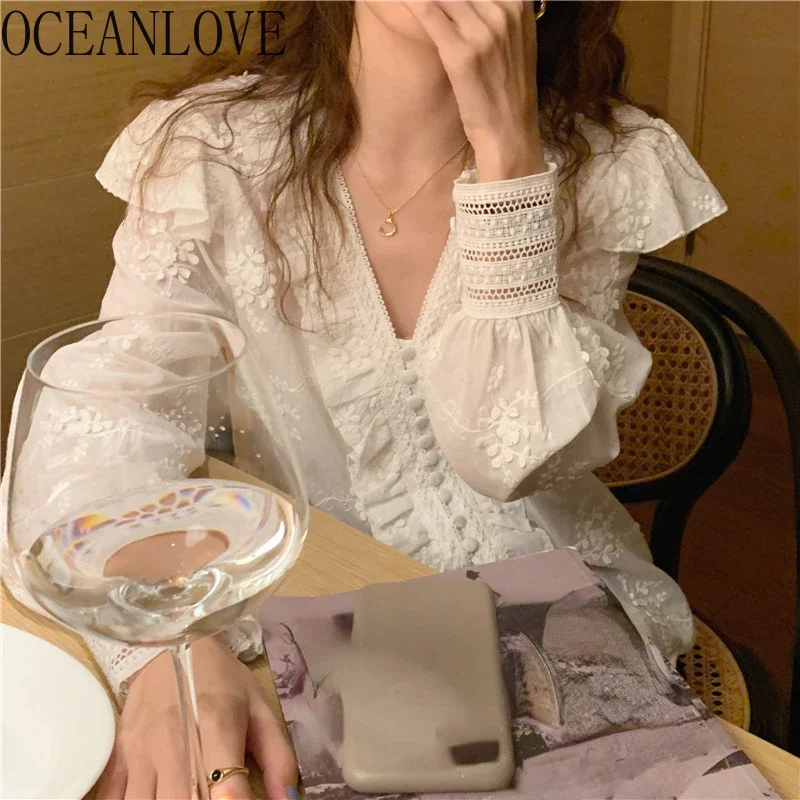 OCEANLOVE Embroidered Women Blouses Ruffles V Neck Elegant Korean Fashion Chic Shirts Spring Autumn Elegant Blusas Mujer