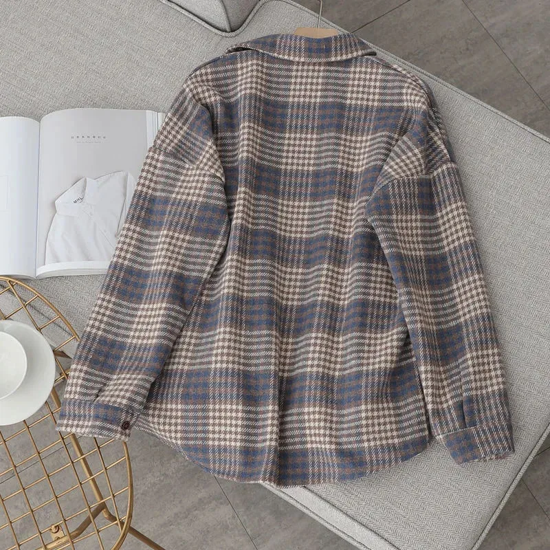 Fall Retro Plaid Shirts Loose Turndown Collar Single Breasted Casual Blouse Bf Korean Preppy Warm Long Sleeve All Match Tops New